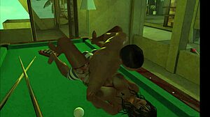 playing on the pool table with excitement