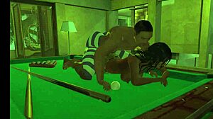 playing on the pool table with excitement