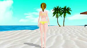 Blonde anime girl Emma wears micro bikinis testing them in the ocean