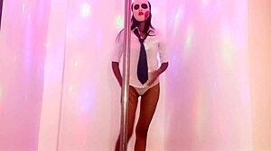 A skinny brunette student uses Halloween as an opportunity to tempt her teacher and create an amateur porn film while dancing on the pole.