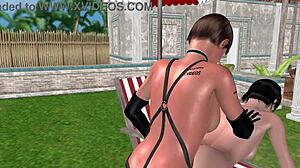 3D animated lesbian scene with doggy style action