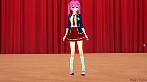 A girl with pink hair and small bosom performs on stage with her partner