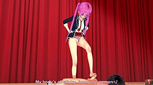 A girl with pink hair and small bosom performs on stage with her partner