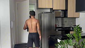 Well-endowed guy asks for water at friend's house and lies his dick on him