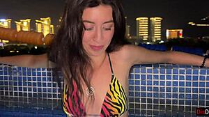 Beautiful brunette gets rough pool side pickup and cumshot