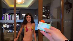 Beautiful brunette gets rough pool side pickup and cumshot