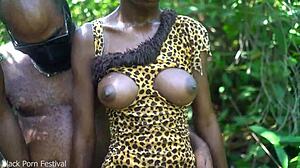 Two African Tribe Girls Enjoy Village Chief in Deep Forrest Fun