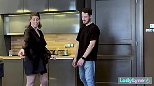 Beautiful woman of the house welcomes a man into her home and gives him deep blow job