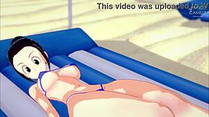 Beautiful woman with big melons wears a bikini in a Dragon Ball Z style cartoon