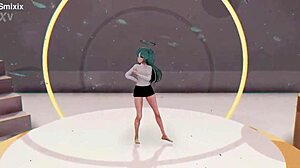Blue-haired teen Yuuka's sexy undressing and 3D dance