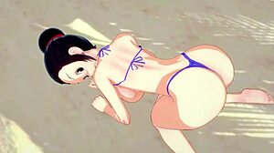 Beautiful woman with big melons wears a bikini in a Dragon Ball Z style cartoon