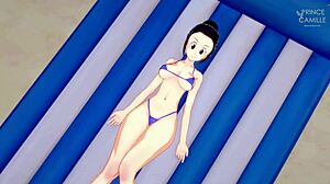 Beautiful woman with big melons wears a bikini in a Dragon Ball Z style cartoon