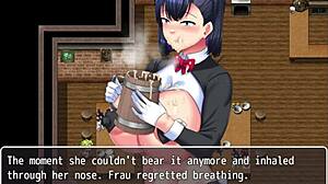 Whore knight Frau bound and drenched outdoors in hentai game.