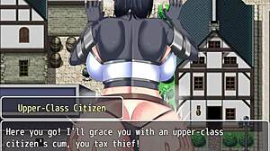 Whore knight Frau bound and drenched outdoors in hentai game.