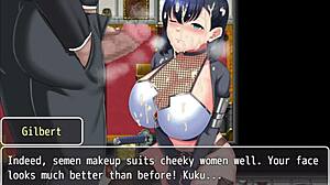 Whore knight Frau bound and drenched outdoors in hentai game.