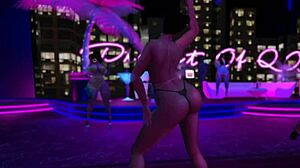 A curvaceous woman in a micro bikini goes clubbing and dances