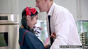 Small Japanese girl loses her innocence and gives great blow job
