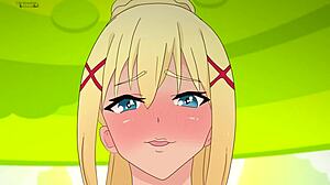 Darkness tricked Kazuma with torn tights in doggy pose, so he slammed her hard from behind