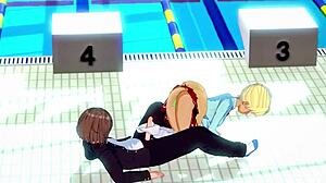 Anime girl gives a handjob in the pool