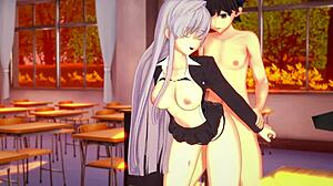 Young Japanese girl gets a handjob and blowjob in a parody of an anime movie