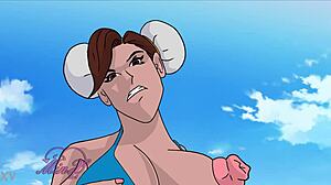 The charming Chun Li in a thong, bouncing and shaking titties