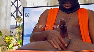 Catching a big cock stroking with oiled hands