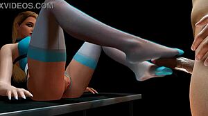 Wow, hot blonde in long socks gives an epic footjob!