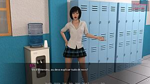 Girlfriend's intriguing crossdressing friend leads to college blowjob and cum in school bathroom game