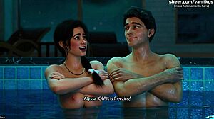 Freshwomen busty young 18+ babe with big ass rides monster cock by pool and swallows cum in 3D animated porn game part 4