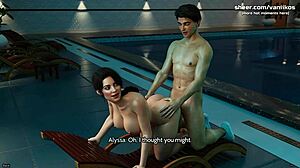 Busty young babe with big ass rides huge cock by the pool. She swallows every drop in 3D animated Freshwomen game part 4.