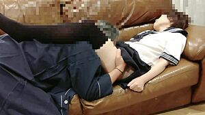 Schoolgirl Cosplay Creampie on Sofa