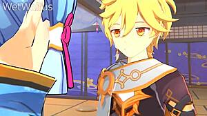 Ayaka and Aether in steamy private encounter