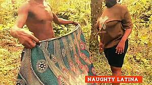 Amateur horny wife gives handjob and rides dark man hardcore outdoors in the bush.