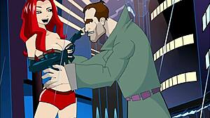 Redhead and blonde share blowjob in threesome animation