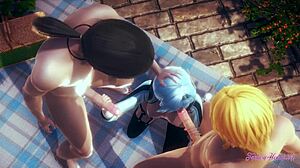 原神本子：Eula在三人行口交中，精液射在大奶和嘴里