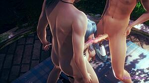 原神本子：Eula在三人行口交中，精液射在大奶和嘴里