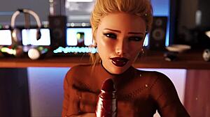 Buxom lady swallows gamer's cum