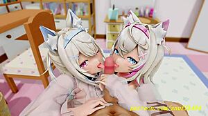 Fuwamoco从Novr那里得到激烈口交，在3D Hololive Hentai中