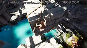 古代雕像苏醒填充Lara的阴道精液在3D色情游戏中