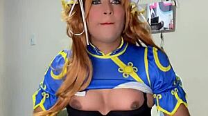 Transsexual Anime Character with Big Tits Receives Handjob