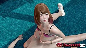 Chiyoko, the office slut with big boobs, performs titfuck POV service, standing handjob, deepthroat, and mouth fuck for big dick cumshot in Rule34 animation.