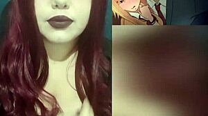 redhead goth wife playing with her huge tits while watching hentai