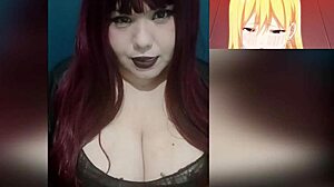 redhead goth wife playing with her huge tits while watching hentai