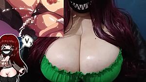 Redhead milf watches hentai, toys big tits