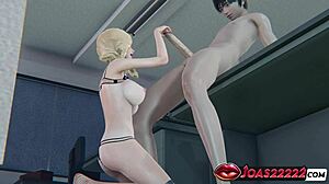 Blonde Emma Delivers No-Hands Blowjob and Handjob in Stockings