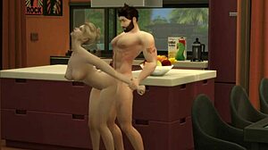 Hunky Sims 4 couple gets sensual in the kitchen.
