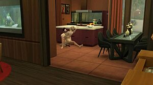 Hunky Sims 4 couple gets sensual in the kitchen.