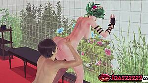 Tatsumaki in pantyhose stands for big dildo masturbation and tight pussy fingering with squirting licks