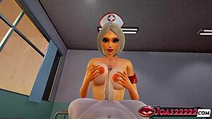 Hot hospital nurse in sexy dress gives tongue licking blowjob pov titty fuck teasing wall irrumatio mouth fuck ending in massive facial cumshot.