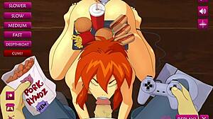 Kiva from Megas XLR flashes redhead curves before deepthroat blowjob on Coop in steamy game parody